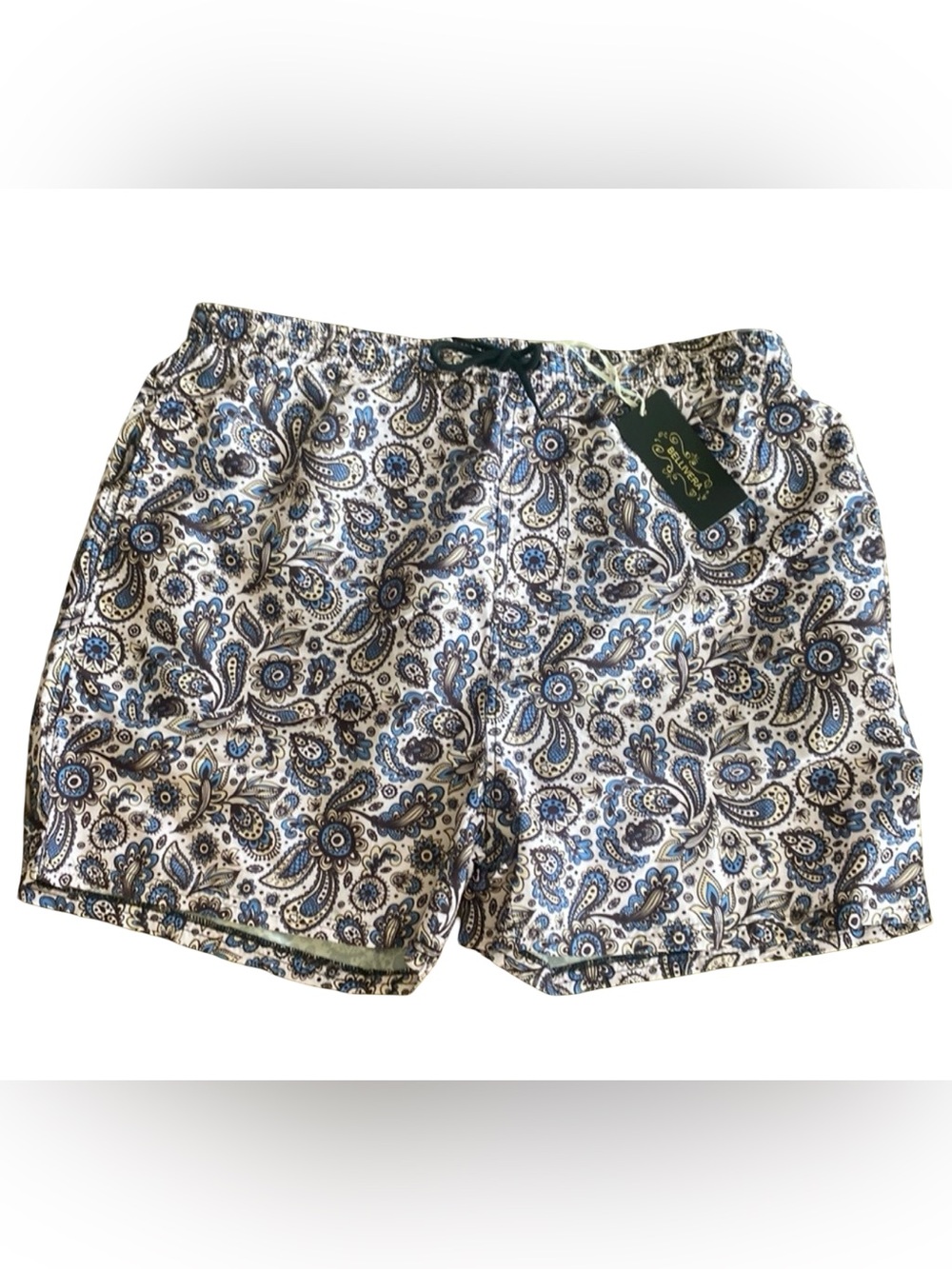 Bellivera Mens Paisley Swim Trunks Size XL, Built in Mesh Briefs, Pockets, NWT